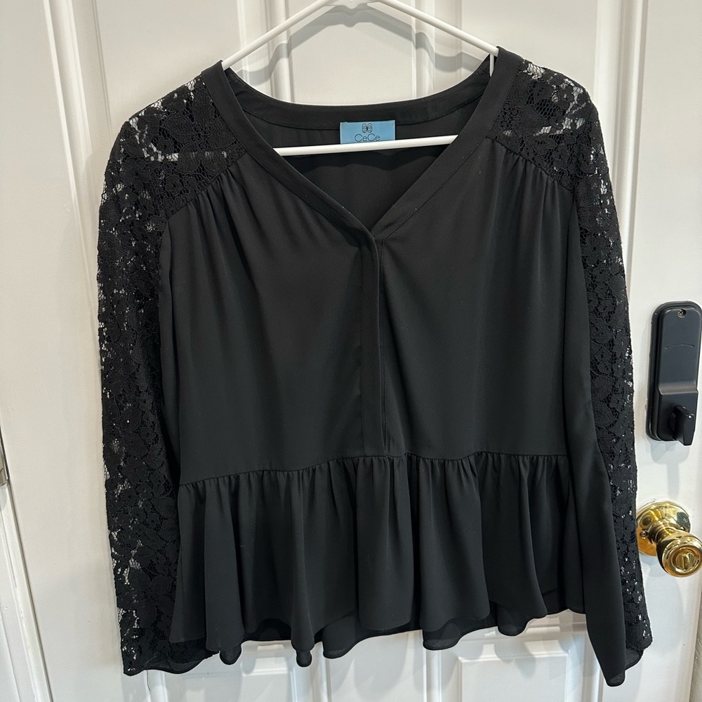 CeCe Peplum Blouse Lace Sleeves Snap Front V-Neck Black Romantic black